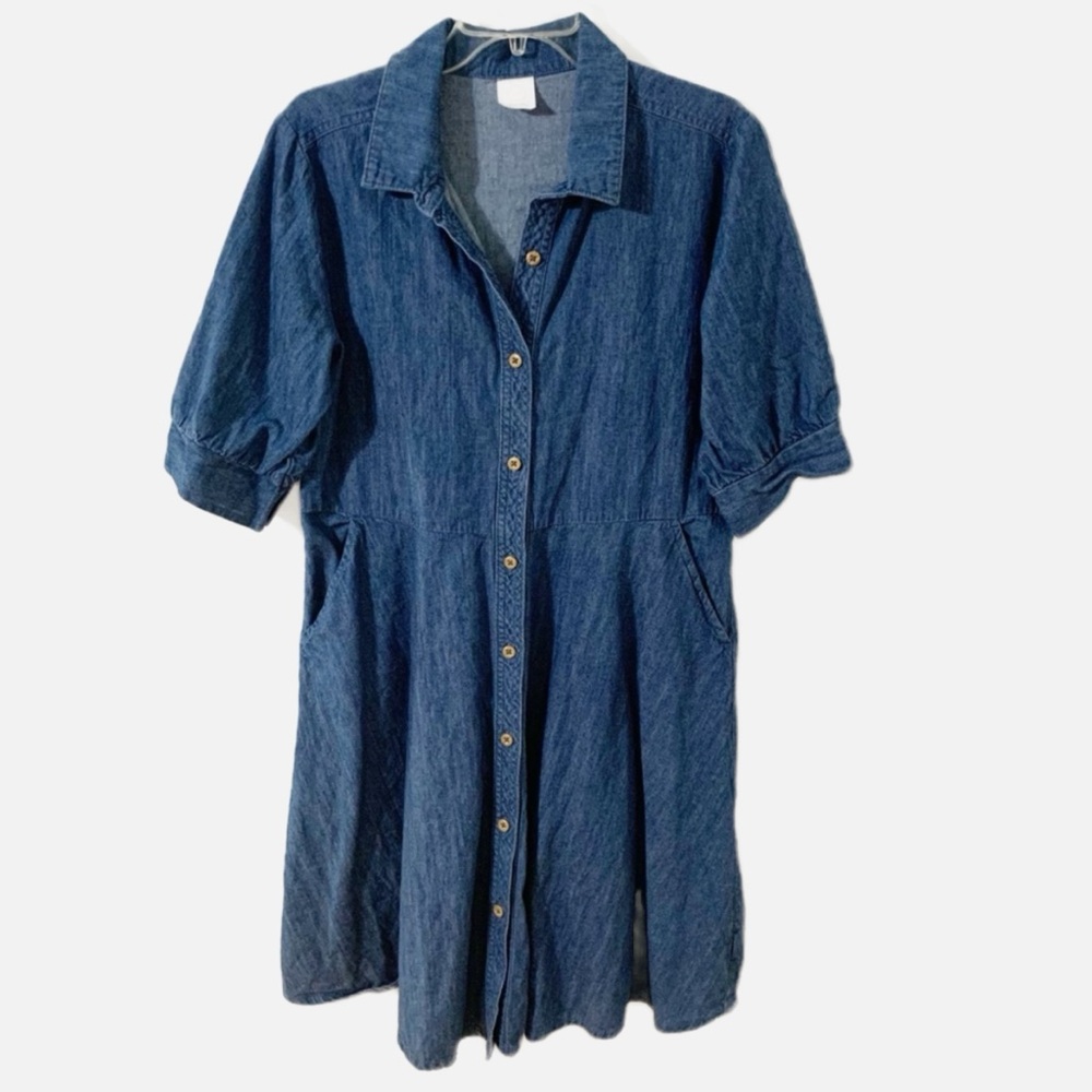 Wonder Nation Puffed Short Sleeve Button Front Pointed Collar Denim Jean Dress